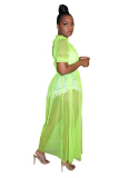 Yellow Casual Fashion Cap Sleeve Half Sleeves O neck Straight Ankle-Length Solid asymmetrical Mes