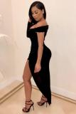 Black Sexy adult Fashion Cap Sleeve Long Sleeves V Neck Asymmetrical Ankle-Length Solid asymmetr
