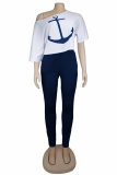 White adult Fashion Casual contrast color Print Two Piece Suits Patchwork pencil Short Sleeve T