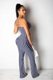 Blue Sexy Fashion Striped bandage Backless Hollow Sleeveless Slip Jumpsuits
