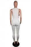 White Sexy Fashion Striped Solid Asymmetrical Sleeveless V Neck 