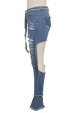 Blue Denim Button Fly Sleeveless High Hole Solid Patchwork Boot Cut Pants Pants