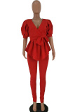 Black Sexy Solid bow-knot Patchwork Two Piece Suits pencil Short Sleeve Two-piece Pants Set