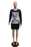 Khaki Casual Fashion adult Cap Sleeve Long Sleeves O neck Step Skirt Mini Print Long Sleeve Dre