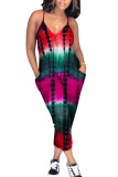 Red Casual Print Patchwork Pocket Spaghetti Strap Loose Jumpsuits
