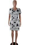 White Fashion Casual Cap Sleeve Short Sleeves O neck Straight Mini Letter asymmetrical Character