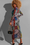 multicolor Sexy Cap Sleeve Long Sleeves O neck Step Skirt Mid-Calf Print