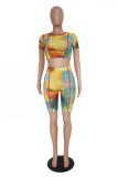 Multi-color Sexy Fashion crop top Tie Dye Geometric Skinny Two-Piece Short Set