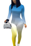 Fluorescent green Casual Print Long Sleeve O Neck Jumpsuits