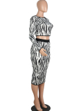 Black and white Sexy Two Piece Suits Patchwork Striped Hip skirt Long Sleeve Two-Piece Dress