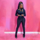 Black Sexy Casual Blends Solid Draw String Slit Fold Half A Turtleneck Long Sleeve Regular Sleeve Short Two Pieces