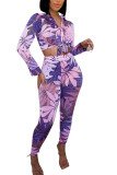 Blue Casual Print Bandage Patchwork Buckle Turndown Collar Long Sleeve Two Pieces