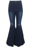 Blue Denim Button Fly Zipper Fly High Zippered Hole washing Pocket Boot Cut Pants 