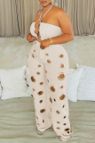 White Casual Sleeveless Cutout Design Halter Strapless Crop Top and Ripped Pants Summer Outings Two Pieces Trouser Sets