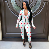 Cream White Casual Print Patchwork Zipper Collar Skinny Jumpsuits