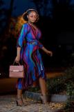 Blue Fashion Sexy Cap Sleeve Half Sleeves V Neck A-Line Mid-Calf asymmetrical Print ruffle Patc