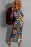 multicolor Sexy Cap Sleeve Long Sleeves O neck Step Skirt Mid-Calf Print