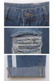 Blue Denim Zipper Fly Sleeveless Mid Hole Solid washing Patchwork Straight Pants Pants