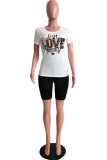 Leopard print O Neck Short Sleeve Letter Print Patchwork 