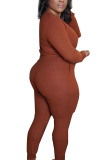 Brown Casual Twilled Satin Solid V Neck Plus Size 