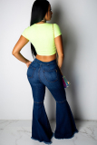 Blue Denim Button Fly Zipper Fly High Zippered Hole washing Pocket Boot Cut Pants 