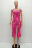 rose red Casual Striped zipper Sleeveless Slip Rompers