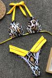 Yellow crop top Floral bandage Leopard Print backless Sexy Fashion Tankinis Set