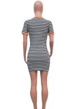 Yellow Sexy Fashion Cap Sleeve Short Sleeves O neck Step Skirt skirt Patchwork Pocket Print Strip