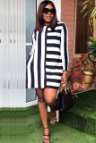 White Acetyl fiber Sweet Cap Sleeve Long Sleeves O neck Swagger Knee-Length Print Striped Patchwork 