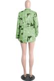Green cardigan Long Sleeve Solid Print Newspaper Blouses & Shirts