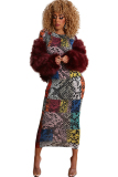 multicolor Sexy Cap Sleeve Long Sleeves O neck Step Skirt Mid-Calf Print
