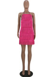 rose red Sexy Fashion Tank Sleeveless O neck Asymmetrical Mini tassel Patchwork Solid backless Clu