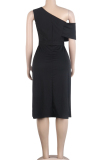 Black OL Cap Sleeve Short Sleeves one shoulder collar Hip skirt Mid-Calf Patchwork Solid Club D