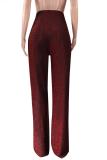 Wine Red Elastic Fly Long Sleeve High Patchwork Straight Pants