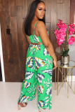 Green Sexy Print Backless Chemical fiber blend Sleeveless Slip Jumpsuits