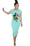 Green Fashion adult Sexy Cap Sleeve Short Sleeves O neck A-Line Mid-Calf hole Print asymmetrical