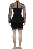 Black Network Sexy Patchwork Solid Hip skirt Long Sleeve Two-Piece Dress