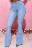 Black Fashion Daily Adult Solid Buttons Mid Waist Boot Cut Denim