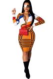 Multi-color Fashion Sexy Cap Sleeve Long Sleeves V Neck Lantern skirt Knee-Length Print Patchwork