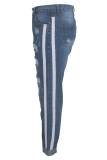 Blue Denim Zipper Fly Sleeveless Mid Hole Solid washing Patchwork Straight Pants Pants