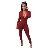 Wine Red Casual Solid V Neck Skinny Jumpsuits