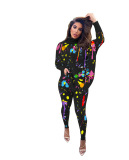 Black Daily Print Slit Turtleneck Long Sleeve Two Pieces