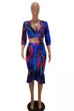 Blue Fashion Sexy Cap Sleeve Half Sleeves V Neck A-Line Mid-Calf asymmetrical Print ruffle Patc