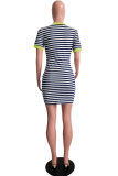 Yellow Sexy Fashion Cap Sleeve Short Sleeves O neck Step Skirt skirt Patchwork Pocket Print Strip