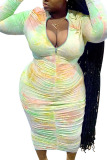 Blue Europe and America Ma'am OL V Neck Print Draped Gradient Plus Size