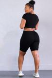 Black Casual Camouflage Straight Short Sleeve Two-Piece Short Set