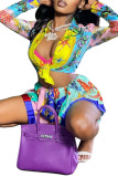 Multicolor Street Print Patchwork Turndown Collar Long Sleeve Two Pieces