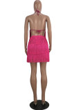rose red Sexy Fashion Tank Sleeveless O neck Asymmetrical Mini tassel Patchwork Solid backless Clu