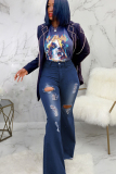 Dark Blue Denim Button Fly Sleeveless High Hole Solid washing Patchwork Boot Cut Pants 