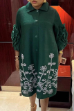 Orange Casual Flower Print Turndown Collar Lace Flare Sleeve Buttons Formal Office Lady A Line Plus Size Dresses
